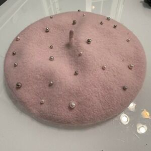 🎀 Pink Wool Pearl-Embellished Beret – One Size‎